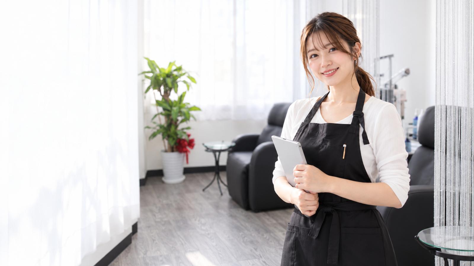 タブレットを持って笑顔で立つサロンスタッフ