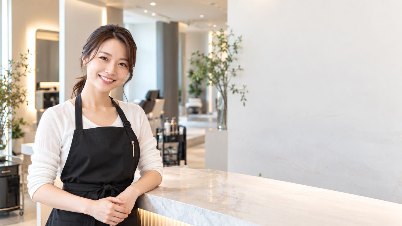 受付カウンターで笑顔で立つエプロン姿のスタッフ
